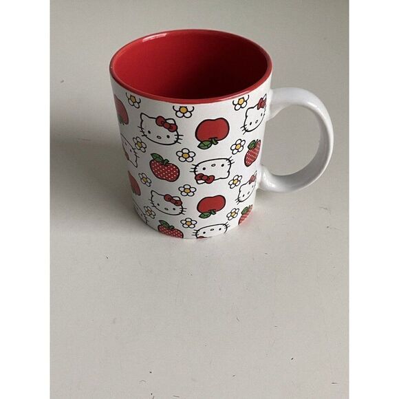 Sanrio Hello Kitty Polka Dots Apples Daisies All Over Red Ceramic Mug 20oz NEW - Picture 2 of 9